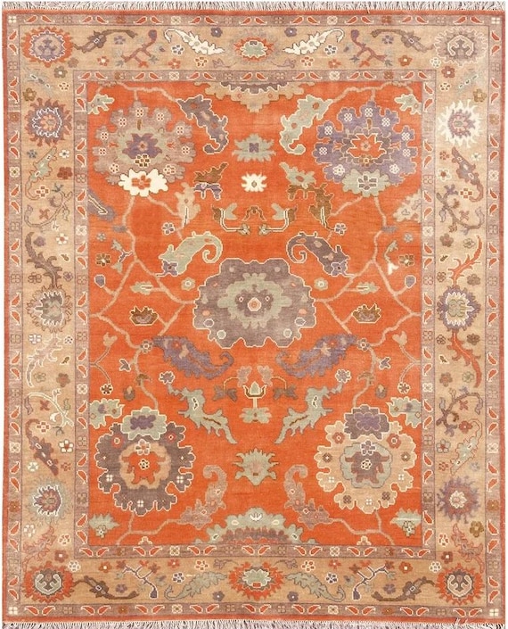 Terracotta Hand Knotted Wool Rug | Turkish Style Oushak Area Rug | Rust Orange Lavender Grey Carpet | Custom Size Traditional Living Room