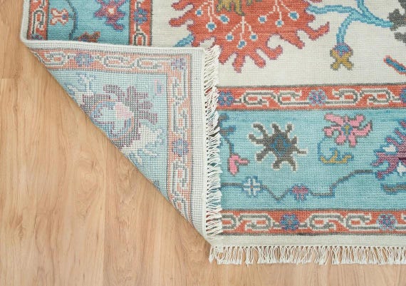 Bright Aqua Blue Oushak Rug | Ivory Field Carpet | Multicolor Floral Medallions | Vintage Boho Decor