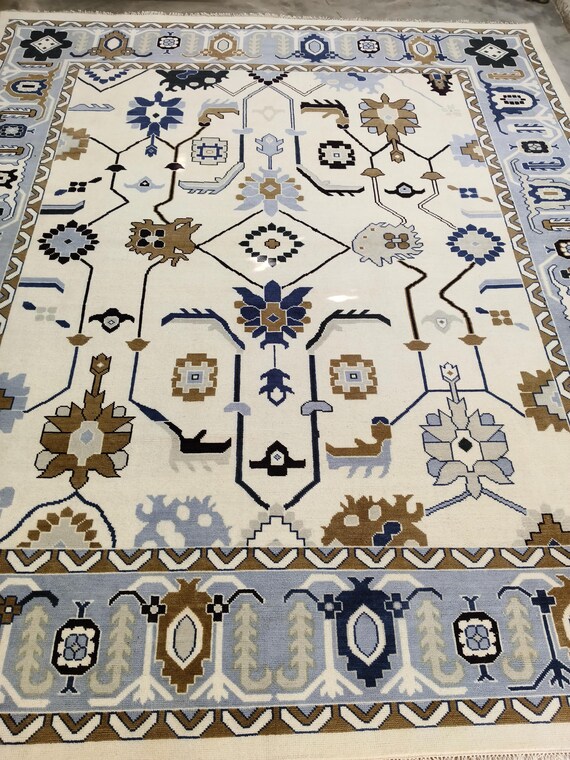 Large Oushak Rug Hand Knotted Wool, Vintage Inspired Rug, Turkish Style Area Rug, Neutral Blue Beige Carpet, 4x6 to 12x15 Ft.For Living Room