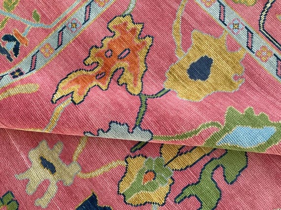 Pink Oushak Rug: Hand-Knotted Wool & Cotton Turkish Style Rug