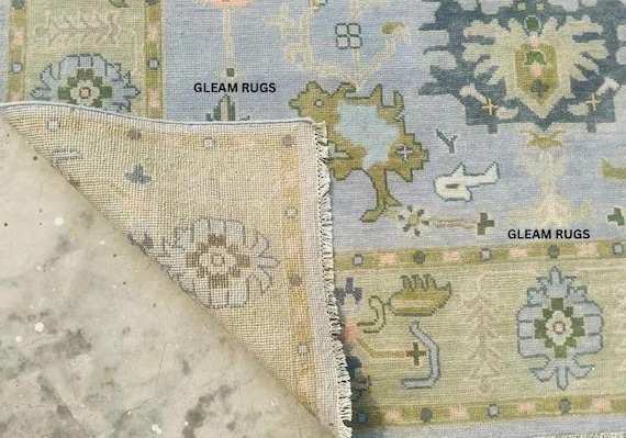 Graceful Hand-Knotted Oushak Rug | Pastel Blue, Beige & Olive | Traditional Floral Geometric Design | 8x10, 9x12, 10x13, 11x14, 12x15 Size