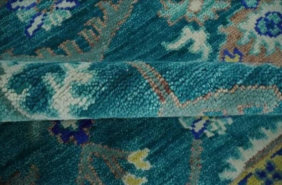 Teal Hand Knotted Wool Rug | Turkish Style Oushak Area Rug | Blue Traditional Jewel Gold Tone Border Carpet | Custom Size Living Room Rug