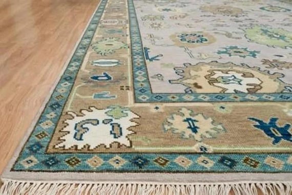 Bohemian Beige Oushak Rug | Cream Border Traditional Carpet | Modern Floral & Geometric Style in Green, Cream, Brown | 8x10 9x12 10x14 12x15