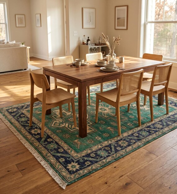 Rustic Forest Green Hand Knotted Rug | Bright Geometric Medallion Tribal Star Motifs | Intricate Border Design Traditional Modern Interiors