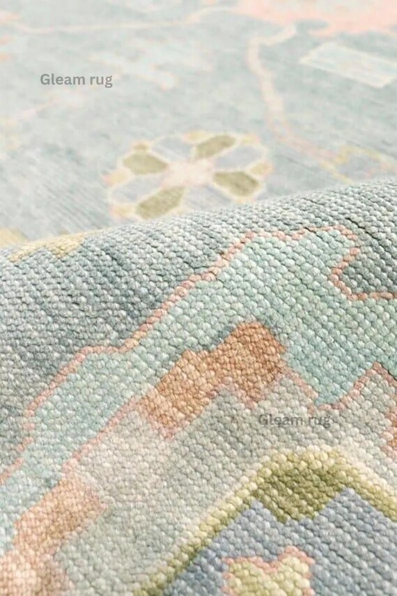 Muted Oushak Rug, Pastel Blue Green Wool Area Rug, Traditional Symmetrical Soft Carpet for Nursery, Grandmillennial Bedroom Rug, Custom