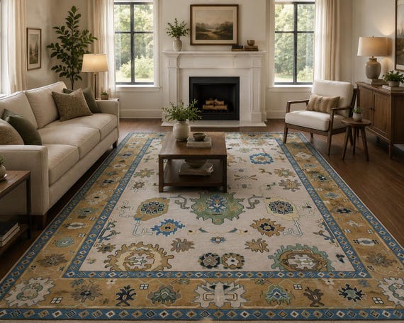 Mesmerizing Ivory Oushak Rug | Geometric Botanical Pattern Carpet | Sage Green & Blue Floral Motif Area Decor | Ornamental Handmade Border