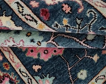 Marineblauw handgeknoopt wollen vloerkleed | Oushak-vloerkleed Turkse stijl | Indigo traditioneel bloemen medaillon tapijt | Aangepast formaat woonkamer