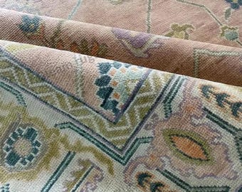 Handgeknüpfter Wollteppich, Rosa Oushak Handgefertigter Türkischer Blumenteppich, Vintage Inspiriertes Wohnzimmer, Küche, Flur Wohnkultur