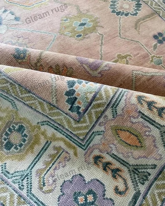 Hand Knotted Wool Area Rug, Pink Oushak Handmade Turkish Style Floral Carpet, Vintage Inspired Living Room, Kitchen, Hallway Home Decor