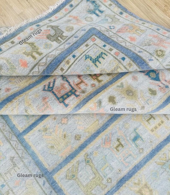 Playful Hand-Knotted Animal Motifs Oushak Rug | Birds & Deer Geometric Borders | Vintage Inspired Decorative Contemporary Medallion Area Rug