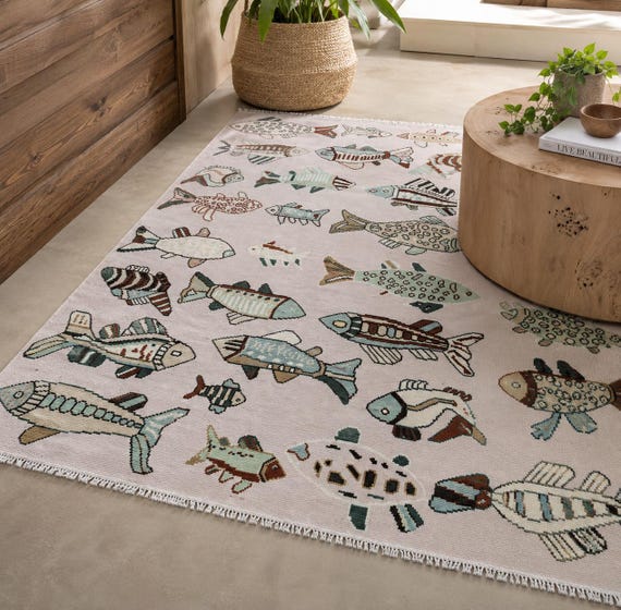 Contemporary Fish Hand Knotted Rug | Colorful Marine Life Wool Area Carpet | Bohemian Nautical Folk Art Pattern | Ocean Animal Coastal Decor