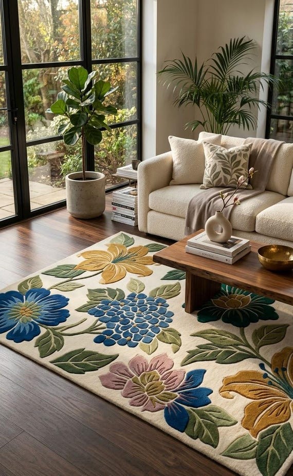 Impressive Green Hand Tufted Rug | Large Floral Garden Design Carpet | Colorful Botanical Leafy Bloom Decor | 8x10 9x12 10x14 11x15 12x18 ft
