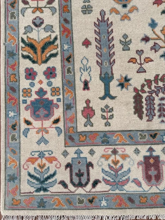 Attractive Ivory Oushak Rug | Stylized Tree of Life Motif | Floral & Geometric Intricate Pattern |  Living Room, Bedroom, Kitchen, Hallway