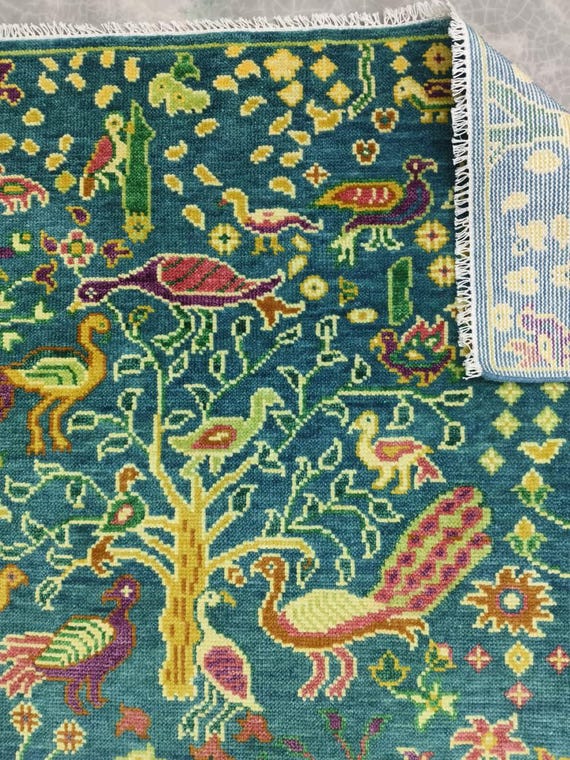 Glowing Emerald Hand Knotted Rug | Peacock & Bird Garden Area Carpet | Woodland Animal Motif Decor | Folk Art Botanical Tree of Life Design