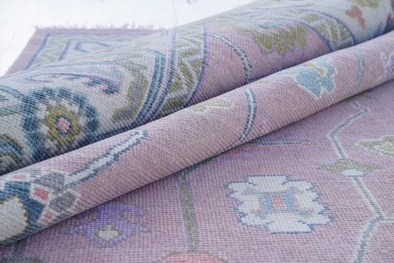 Hand-Knotted Turkish Style New Zealand Wool Rug: Pink Oushak 7x10 8x10 9x12 10x12 12x18 Large Area Carpet for Vintage-Inspired Living Room