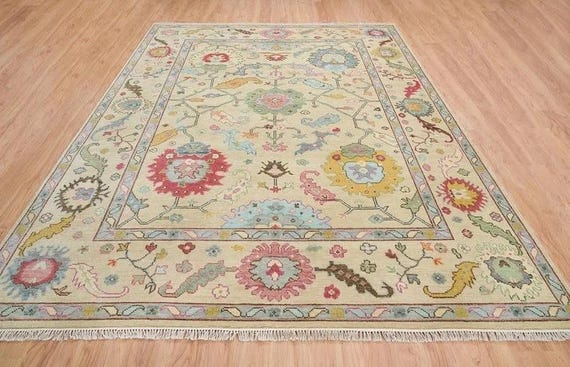 Ornate Beige Oushak Rug | Vine Border Background Carpet | Pastel Floral Medallion & Geometric Motifs | Decorative Vintage Inspired Area Rug