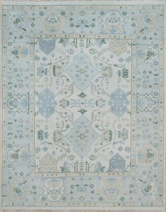 Ice Blue Hand Knotted Wool Rug | Turkish Style Oushak Area Rug | Pastel Ivory Sage Green Carpet | Grandmillennial Rug | Coastal Bedroom Rug