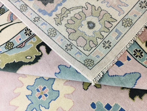 Hand Knotted Oushak Rug, Blush Pink Wool Area Rug, Vintage Inspired Carpet, Handmade Floral Rug, Bedroom Living Room Rug