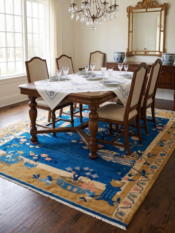 Spectacular Blue Hand Knotted Rug | Oriental Scenic Garden Carpet | Handmade Floral Birds & Heron Pattern | Pagoda Inspired Botanical Design