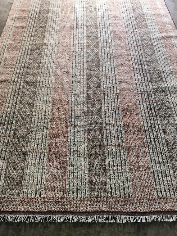 Refined Beige & Rose Handwoven Rug | Wool and Cotton, Geometric Stripes | 8x10, 9x12, 10x13, 11x14, 12x15 | Soft Durable Artisan Weave