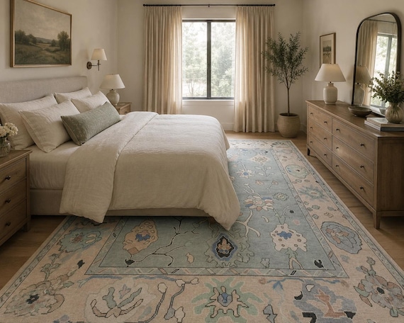 Refined Muted Sage Blue Oushak Rug | Pastel Ivory Border Carpet | Floral Vine Motifs | Handmade New Zealand Wool | 6x9 8x10 9x12 10x14 12x15