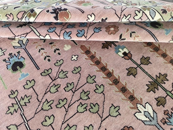 Enchanting Blush Pink Hand Knotted Rug | Symmetrical Botanical Floral Pattern Area Carpet | Vintage-Inspired Tree-of-Life Traditional Decor