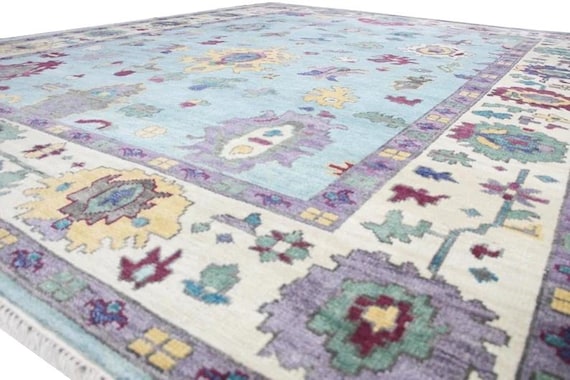 Serene Aqua Blue Oushak Rug | Geometric Blue Field Carpet | Multicolor Floral Border Motifs | Hand Knotted Vintage Inspired Oriental Design