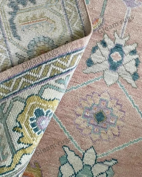 Blush Pink Hand Knotted Wool Rug | Sage Border Turkish Style Oushak Area Rug | Pastel Neutral Traditional Carpet | 9x12 Living Room Rug