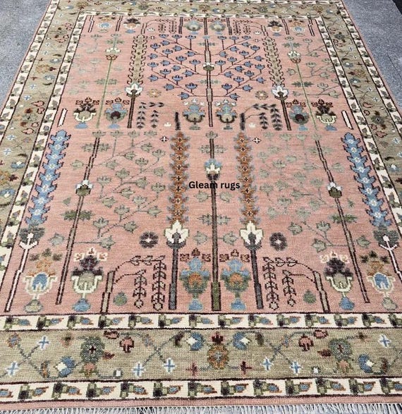 Tree of Life Wool Rug | Turkish Style Hand Knotted Area Rug | Pink Grandmillennial Garden Floral Carpet | Custom Size Sage Border Rug