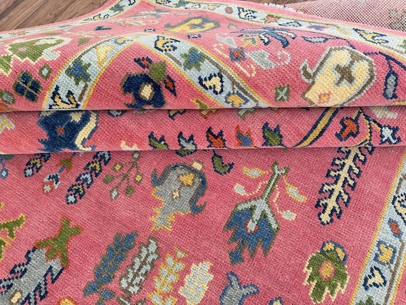 Rare Pink Turkish Style Oushak Rug | Tree-of-Life Motifs Carpet | Decorative Pink Field | Vintage Inspire Artistic Decor