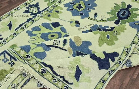 Bright Blue & Green Motifs Oushak Rug | Symmetrical Floral, Geometric Medallion Design | Bedroom, Living room, Hallway, Dining Area, Kitchen