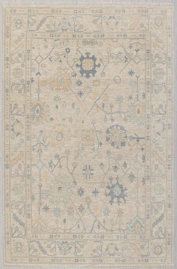 Hand Knotted Wool Area Rug | Muted Oushak Traditional Rug for Living Room | Vintage Inspired Neutral Soft Pastel Carpet | Custom Size Rug