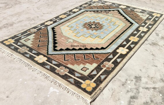 Hand Knotted Geometric Multicolor Rug | Turkish Style Tribal Medallion Area Oushak Carpet | Bohemian Southwestern Vintage Inspired Homedecor