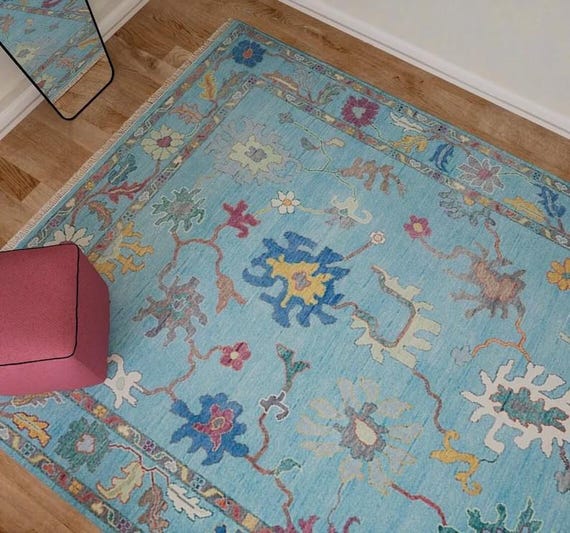 Captivating Sky-Blue Oushak Rug | Soft Blue Field Carpet | Multicolor Botanical Motifs | Vintage Inspired Boho Decor | Living Room, Bedroom