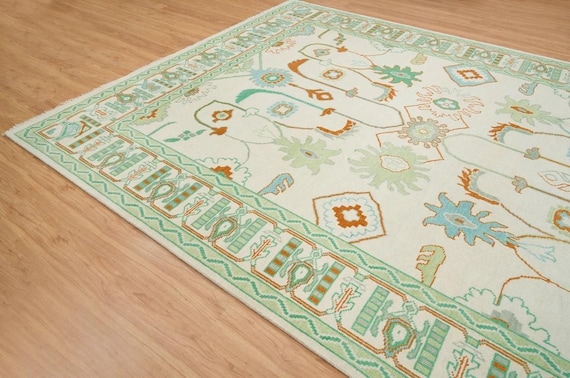 Modern Pastel Green Oushak Rug | Floral Medallion Carpet | Powder Blue, Light Green, Ivory and Cream | Framed Botanical & Geometric Design