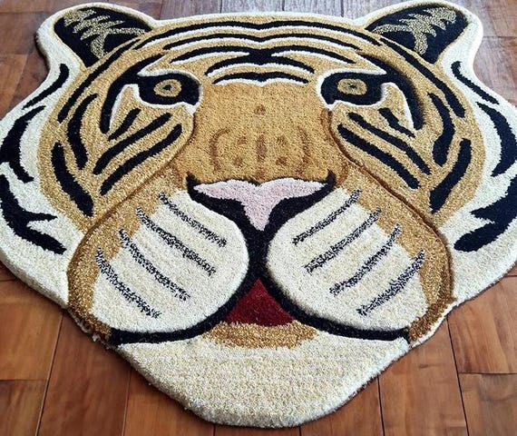 Bold Hand Tufted Tiger Rug | Golden, Black, Brown, Cream Stripes | Detailed Facial Motifs Tufted Animal Pattern | Decorative Large Area Rug