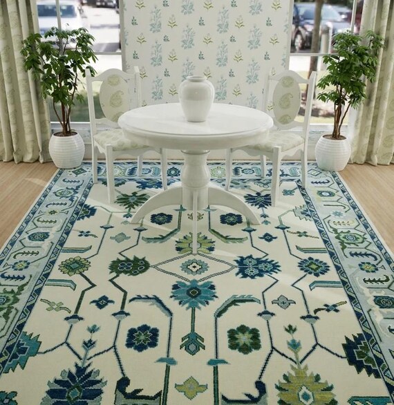 Refreshing Teal Oushak Rug | Sky Blue & Green Borders Cream Field | Oriental Design Floral Geometric Carpet | Handmade Wool Large Area Rug