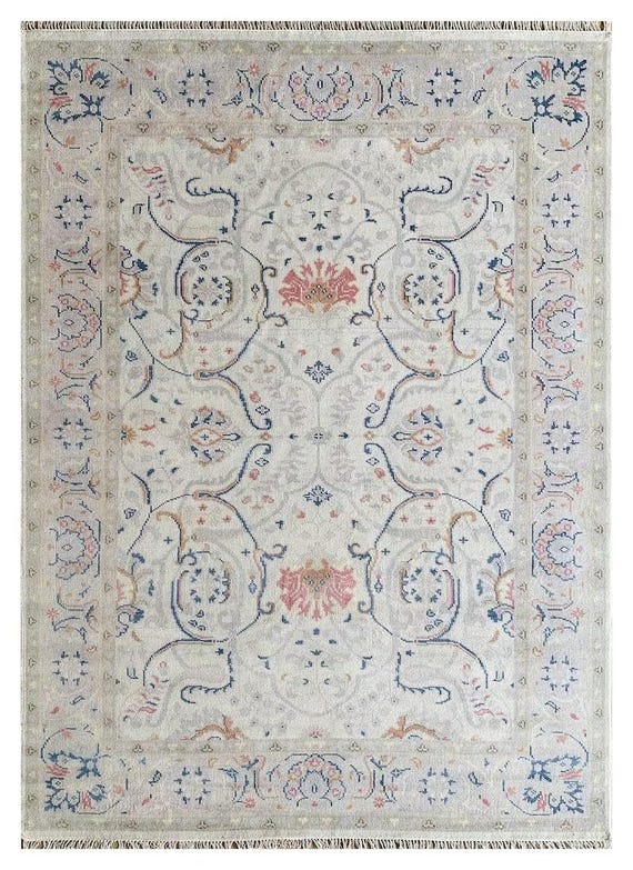 Subtle Ivory Oushak Rug | Ornate Medallion Hand Knotted Carpet | Vintage Inspired Beige & Blue Border | All Custom Size Living Room Bedroom