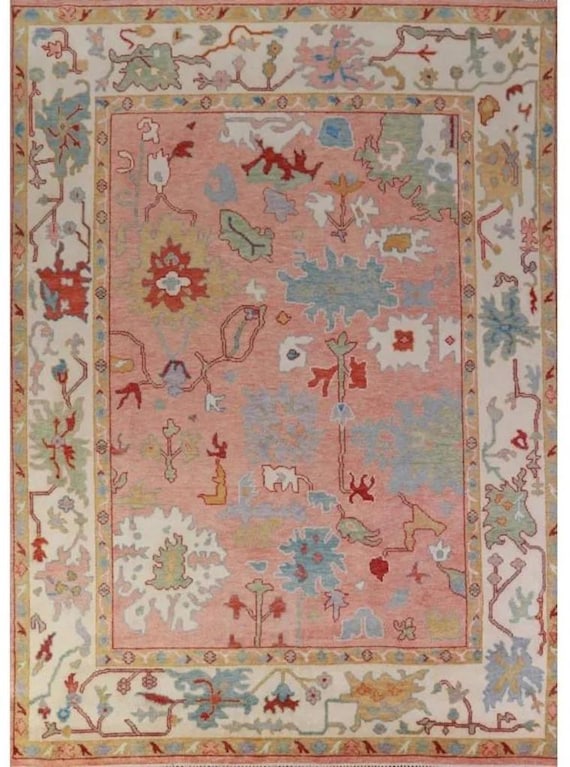 Pink Hand Knotted Wool Rug | Muted Oushak Traditional Area Rug | Pastel Ivory Border Floral Carpet | 8x10, 9x12 Custom Size Living Room Rug