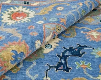Handgeknüpfter Wollteppich, Blauer Oushak Teppich, Handgefertigter Türkischer Blumenteppich, Vintage Wollteppich