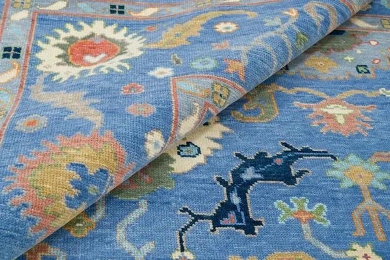 Hand Knotted Wool Area Rug, Blue Oushak Rug, Handmade Turkish Style Floral Carpet, Vintage Wool Living Room Rug, Luxury Area Rug Decor