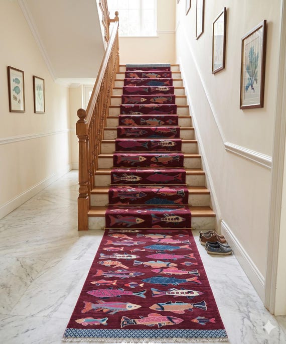 Tribal Burgundy Fish Motif Rug | Hand Tufted Coastal Runner Carpet | Marine Life Hallway Ocean Theme Nautical Design | 8x10 9x12 10x14 12x15