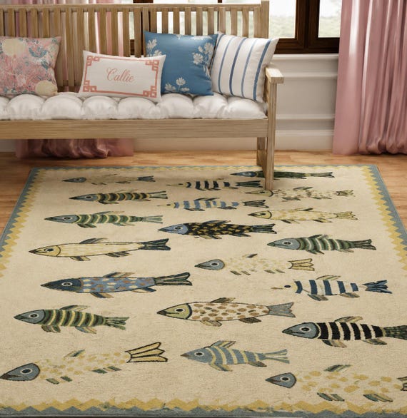 Playful Fish Hand Knotted Rug | Colorful Marine Life Area Carpet | Nautical Bold Fish Pattern Handmade | Ocean Motif Coastal Kids Room Decor