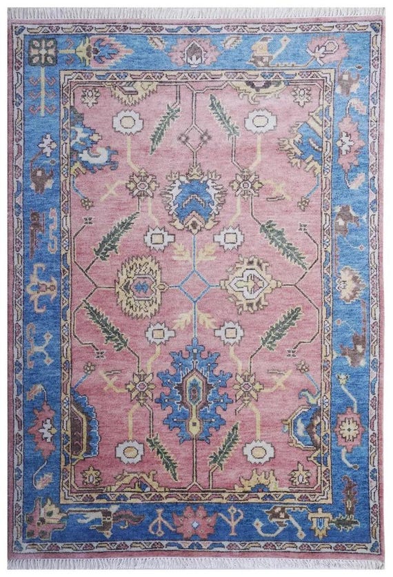 Pink Hand Knotted Wool Rug | Blue Border Turkish Oushak Area Rug | Bright Traditional Vibrant Floral Carpet | Custom Size Bedroom Rug