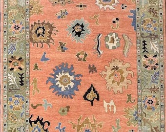 Turkish Style Oushak Rug, Salmon Peach Wool Area Rug, Traditional Abstract Floral Sage Carpet for Nursery, Grandmillennial Bedroom Rug