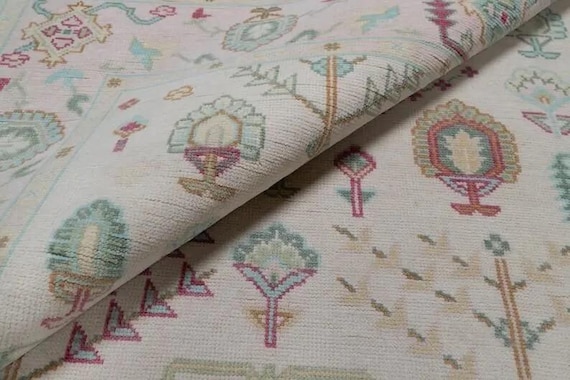 Whimsical Pastel Oushak Rug | Hand‑Knotted Wool Carpet | Cream Ivory Ornamental Tree of Life Area Rug | Living Room, Bedroom, Hall, Kitchen