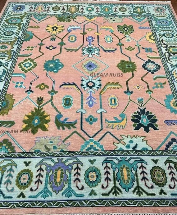 Turkish Style Oushak Rug, Pastel Blush Wool Area Rug, Traditional Symmetrical Sage Carpet for Nursery, Grandmillennial Bedroom Rug