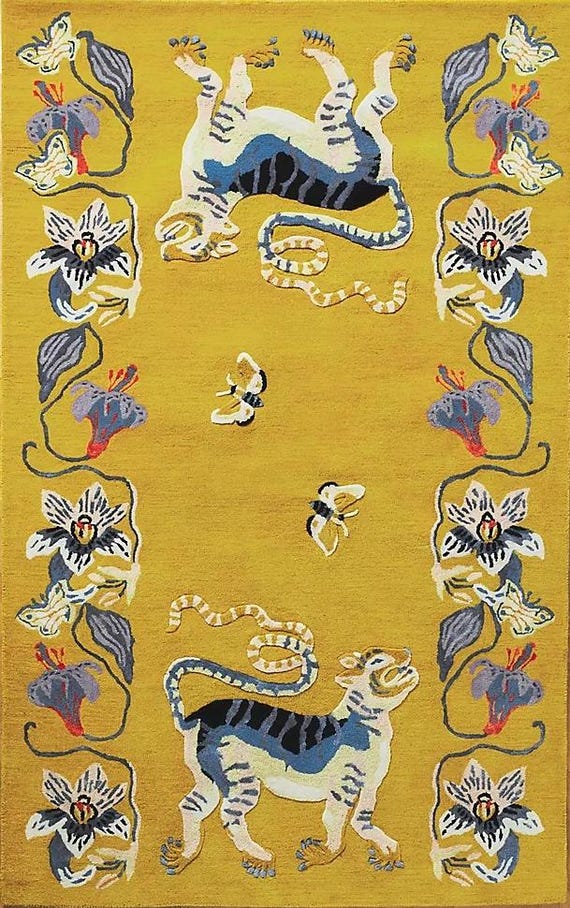 Vibrant Tufted Tiger Rug | Wool Cotton Bold Floral & Butterfly Motifs | 8x10, 9x12, 10x13, 11x14, 12x15 | Modern Animal Design | Living room