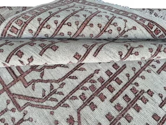 Delightful Rustic Oushak Rug | Beige Field Carpet Maroon Botanical Motif | Traditional Boho Decor | Livingroom, Bedroom, Diningroom, Hallway