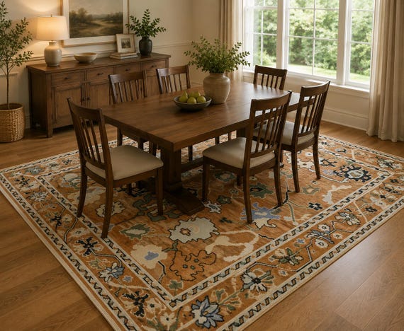 Bright Rust Orange Oushak Rug | Botanical Floral Area Carpet | Vintage Garden Pattern Handmade Decor | Soft New Zealand Wool 8x10 9x12 10x14